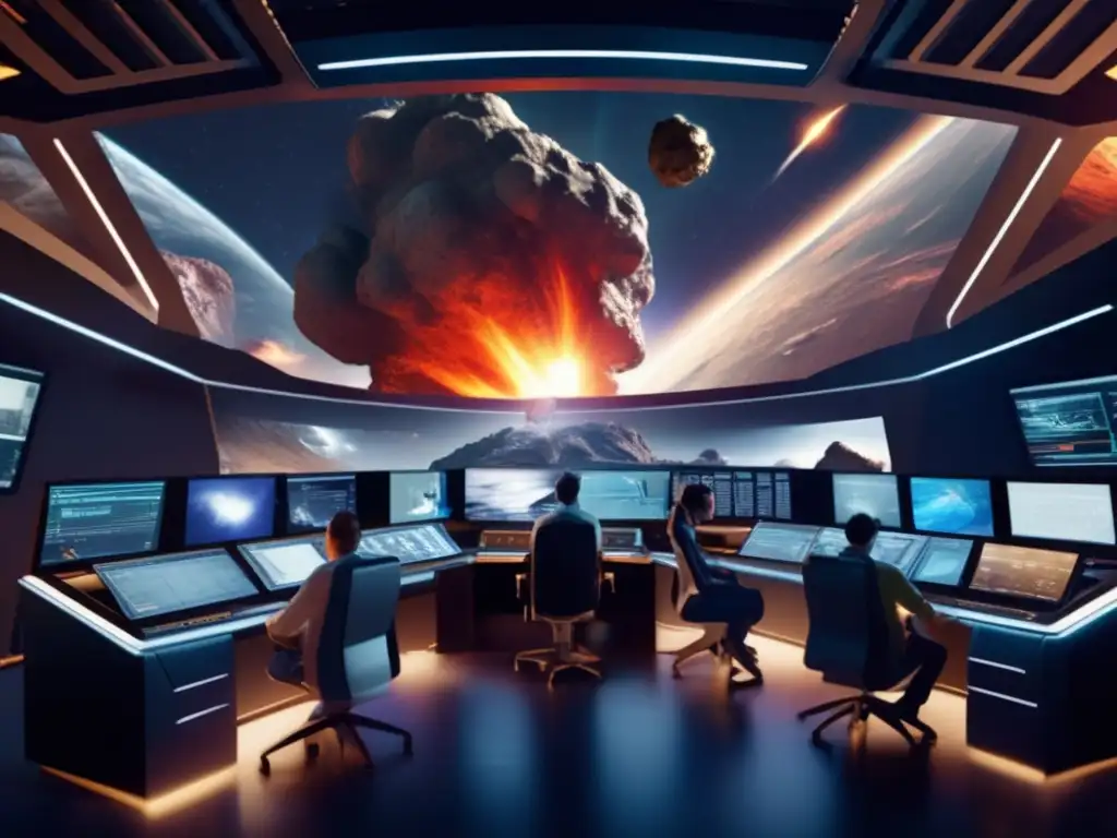 A tense team of scientists and engineers gather in a high-tech control room to save humanity from an asteroid hurtling towards Earth, relying on advanced technology and weapons systems