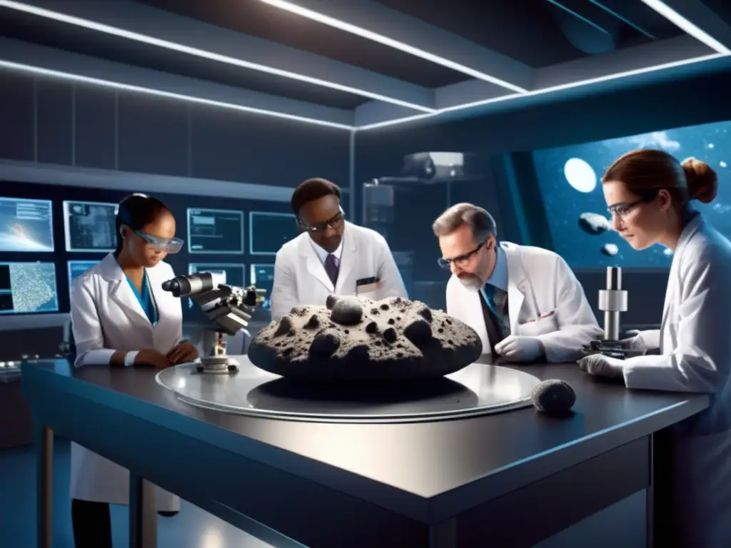 Scientists in a hightech lab scrutinize an asteroid with magnification glasses and microscopes