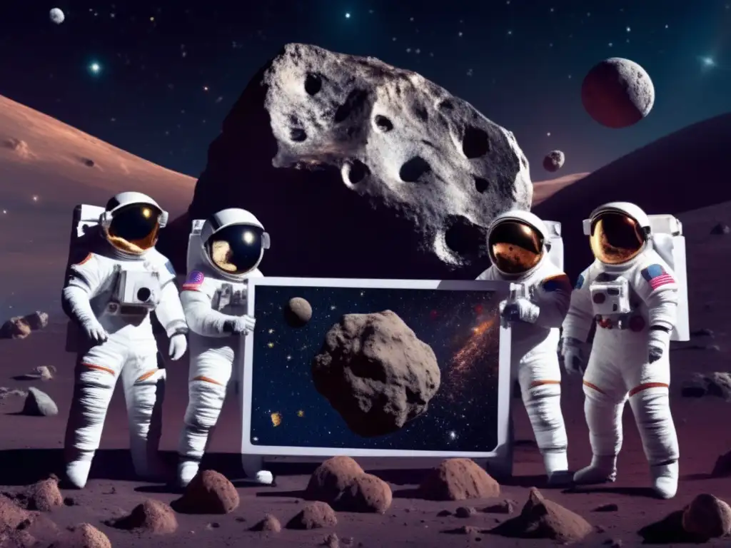 A stunning cosmic landscape surrounds a team of scientists in astronaut suits as they study a sample of the asteroid, perfectly encapsulating the essence of space exploration