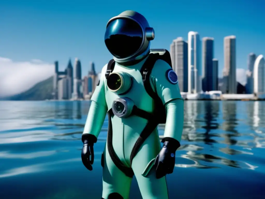 Aquatic exploration team prepares for deep-sea dive in the futuristic Aqualung 200 suit immersed in the azure abyss