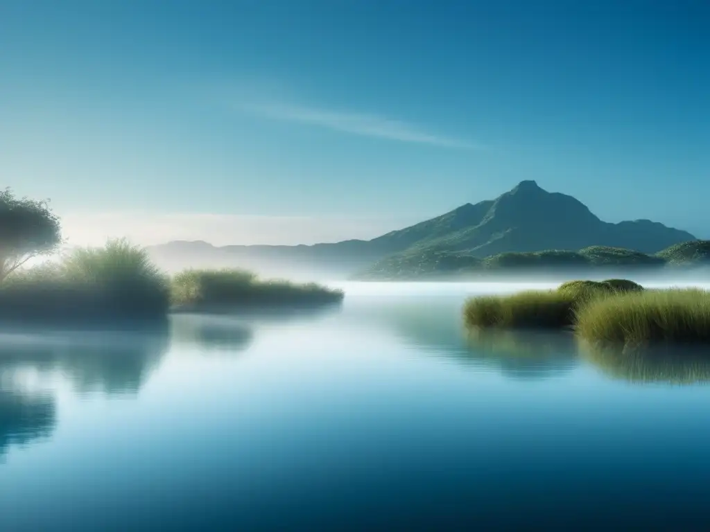 A breathtaking view of a still and peaceful lagoon, the water calmly reflecting the azure sky above, while a delicate line of mist hovers in the horizon -
