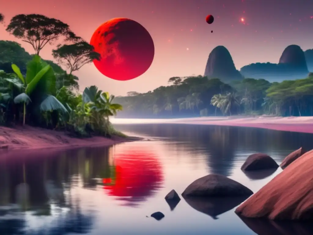 Indigenous riverbank in Brazil, with a bright red asteroid in the sky, serene trees, and wildlife in the water