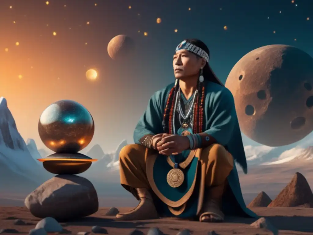 An 8k ultradetailed image of a Native Siberian Shaman, surrounded by intricate details such as traditional attire, ceremonial objects, and specific symbols associated with astronomy and asteroid worship, standing in front of an asteroid in a relaxed and contemplative stance, emphasizing his spiritual connection to the cosmos