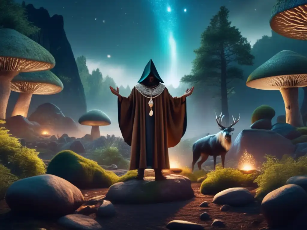 A hooded shaman stands in a dark, mystical forest, hands instrumentally reaching towards the star-filled sky