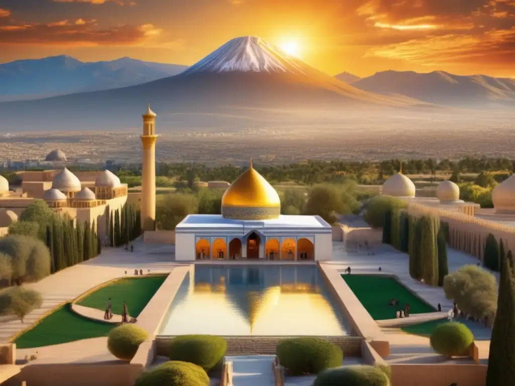 A stunning photorealistic depiction of ancient Shiraz, with intricate Zoroastrian architecture bathed in warm, golden sunlight
