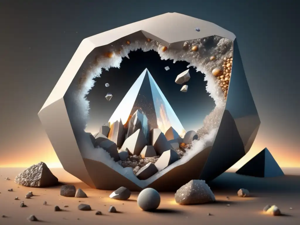 A stunning 3D photorealistic depiction of a shocked quartz crystal formation with intricate veining and textures, formed from the impact of a large asteroid colliding into Earth's surface