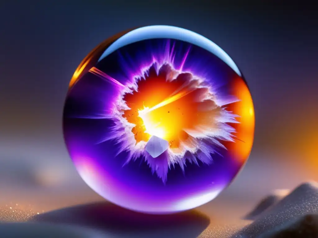 A stunning photorealistic depiction of a shocked quartz inclusion with a spherical, glowing cavity at its center
