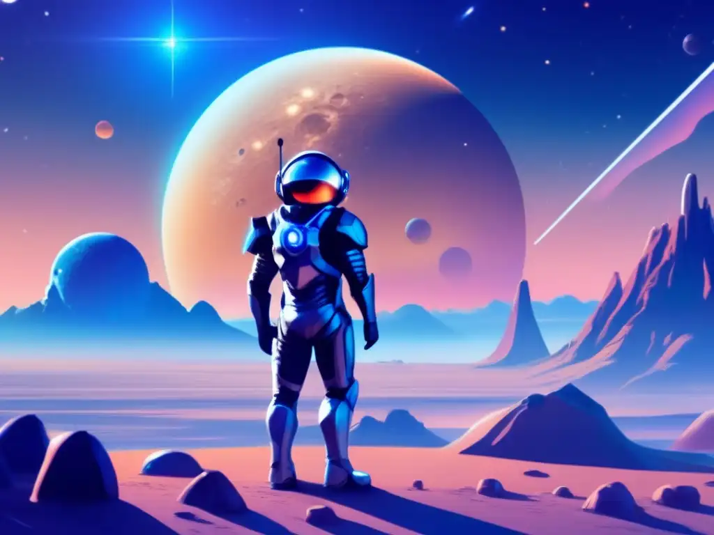 A humanoid planetary protector stands guard in a sleek silver suit, reflecting the light of the nearby sun