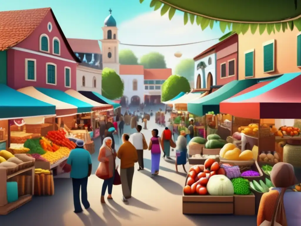 A vibrant small town marketplace comes alive with fresh produce, handmade crafts, and local specialties