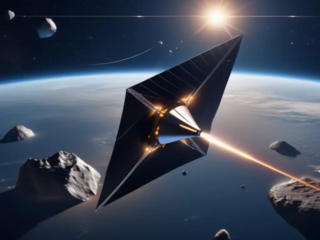 A stunning photorealistic image of a satellite or spacecraft deploying a solar sail or harpoon to intercept and deflect an orbiting asteroid