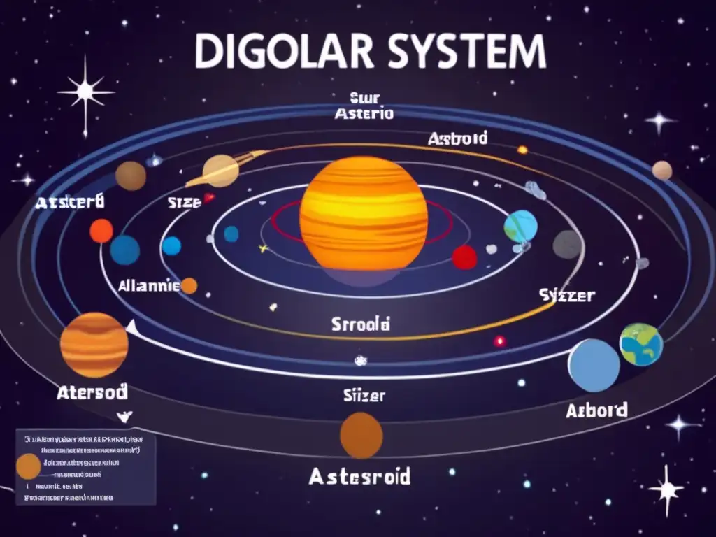 Detailed solar system diagram with a rugged asteroid in the foreground and microorganisms swimming in a blue, wave-like environment above it