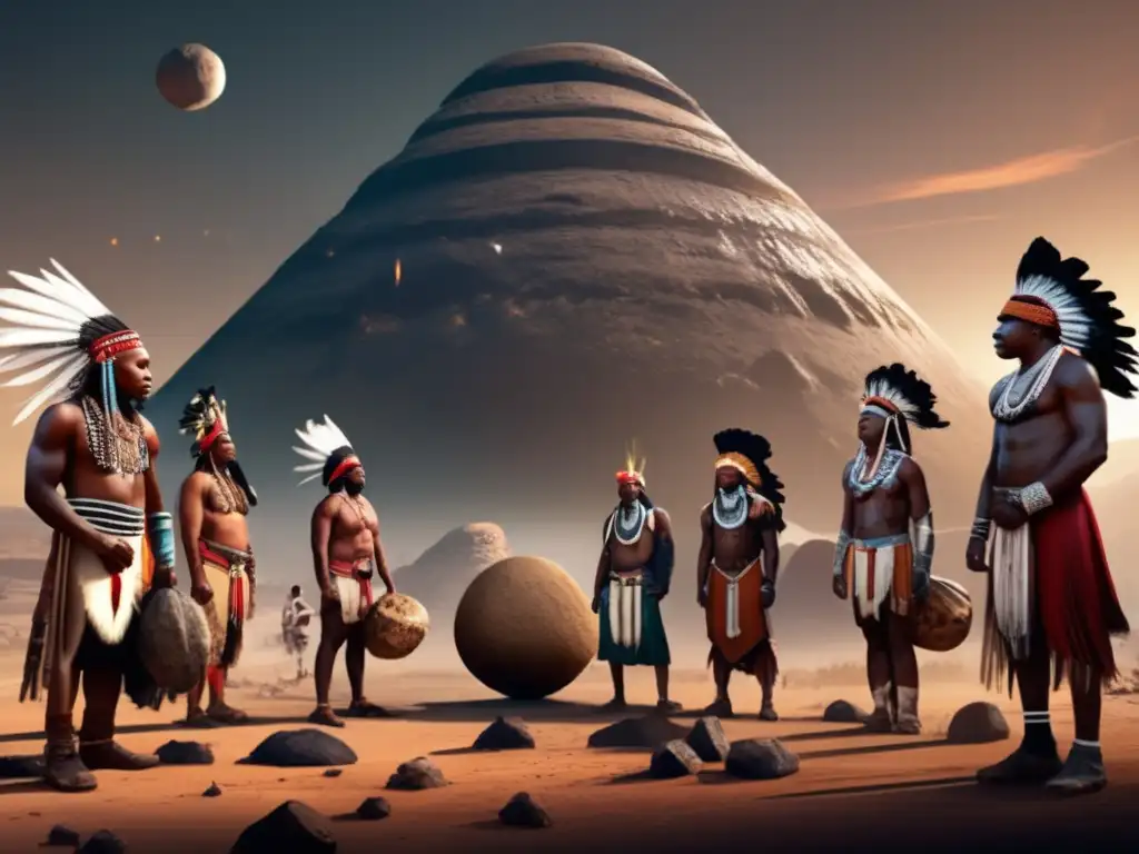 An indigenous South African tribe stands before an enormous, asteroid-like object depicted in photorealistic detail