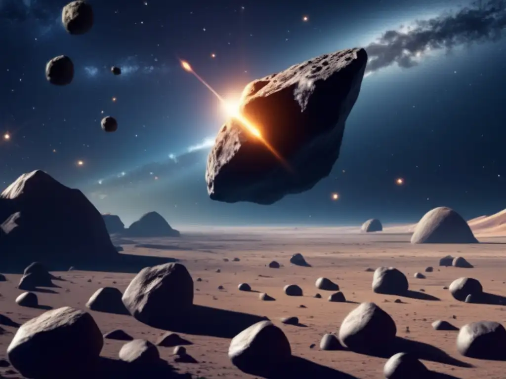 A quest for discovery, as a photorealistic depiction of an asteroid field unfolds, revealing a staggering array of celestial objects in infinite space