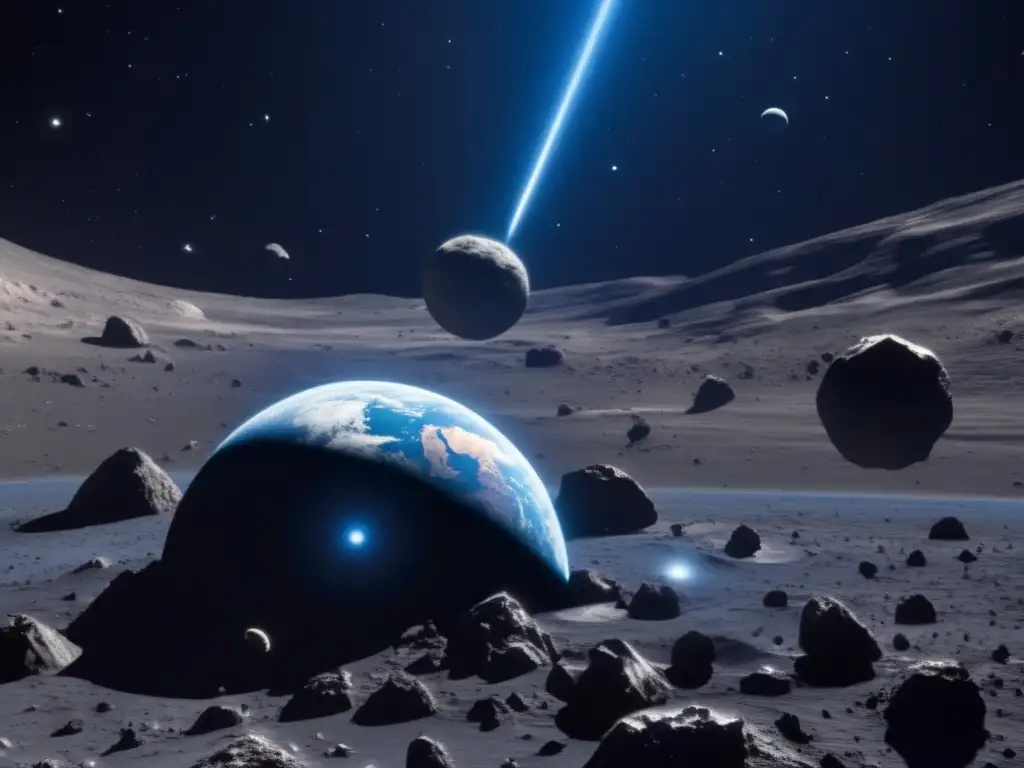 Earth hovers as a blue and white orb in a vast, black space, surrounded by jagged and smooth asteroids