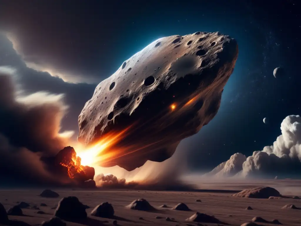 A photorealistic image of a massive asteroid in a dark and stormy sky, looming over a small spacecraft as it tries to navigate through the endless expanse of space