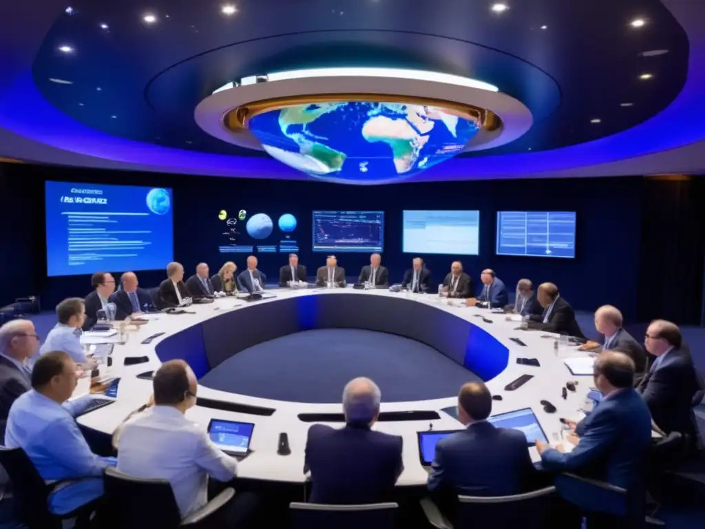 A meeting of space agency representatives to discuss asteroid defense technologies, surrounded by telescopic images of asteroids and data charts
