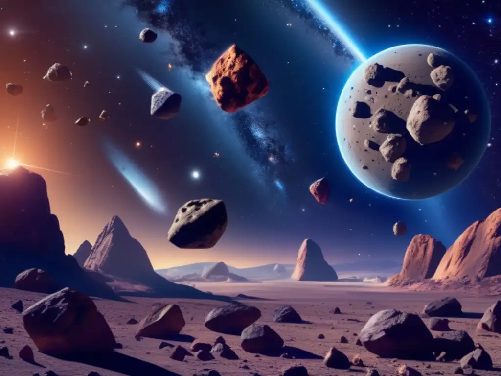 Breathtaking image of asteroids in space, colorful and unique, with meteoroids, chondrites and ironmeteoroids amidst starry skies