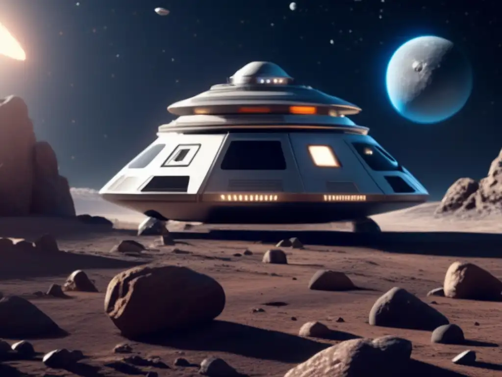 Dash: -A stunning photorealistic image captures a tourist spaceship exploring an asteroid