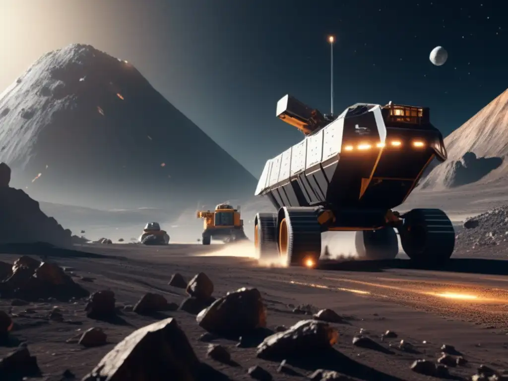 A stunning 8k ultradetailed image of a spaceship landing on a rugged asteroid, surrounded by sleek mining equipment and machinery