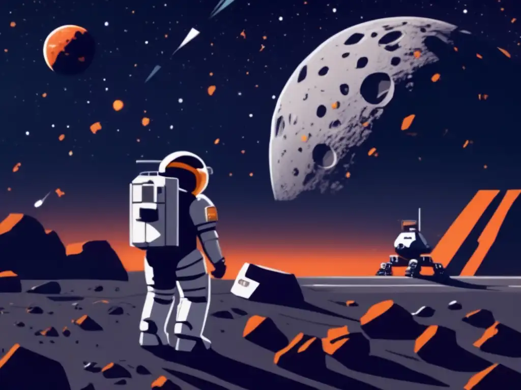 A dark, spacethemed background with an orangegrey asteroid field fading off into the distance