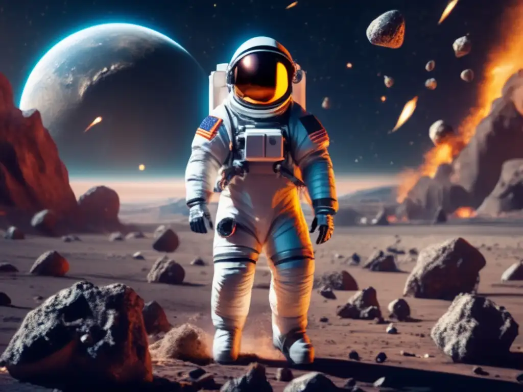 An astronaut, a spacesuit, and a jetpack stand tall amidst a shattered asteroid, as mining begins