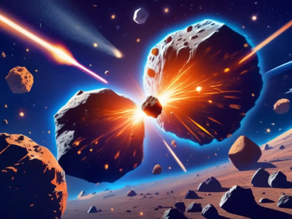 An epic space battle unfolds between two gargantuan asteroids, each intricately detailed and surrounded by debris