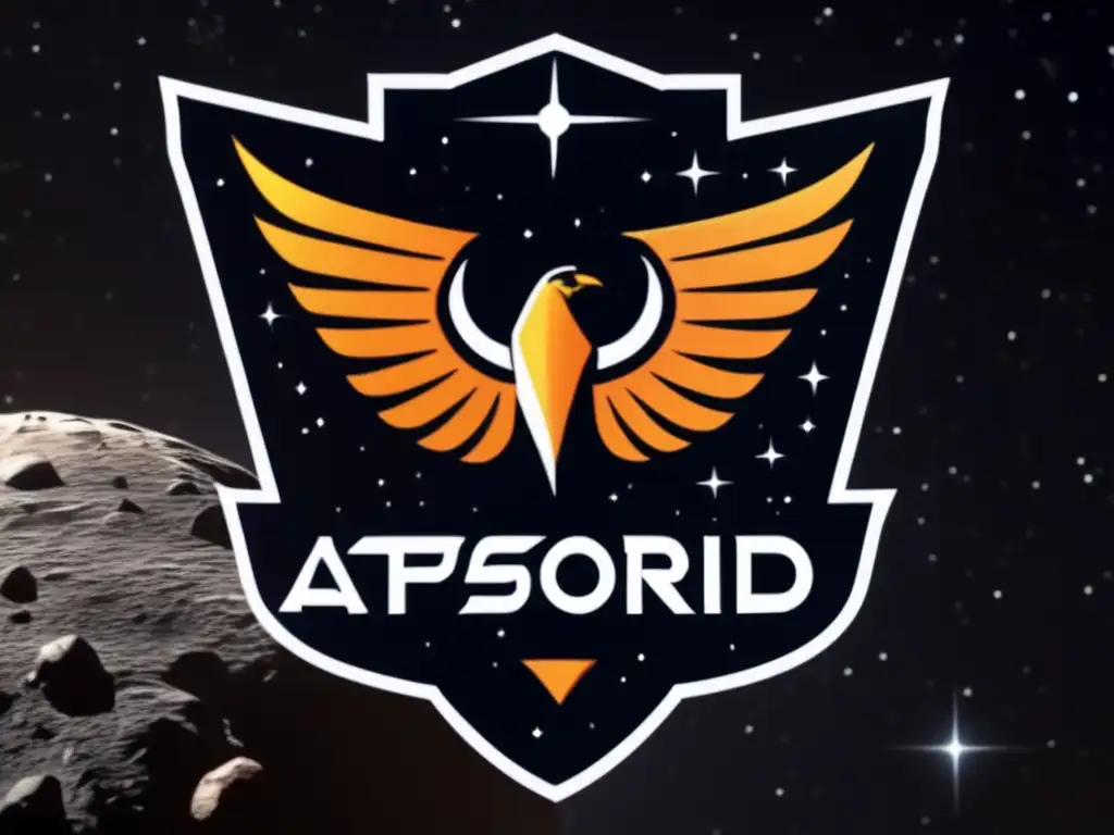 An aesthetically pleasing photorealistic image of a spacecraft in front of a meticulously carved asteroid, bearing the 'Asteroid Phoenix' logo