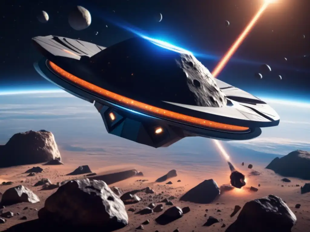 Photorealistic image of a futuristic spacecraft hovering above an asteroid field, Earth shielded by deflection technology