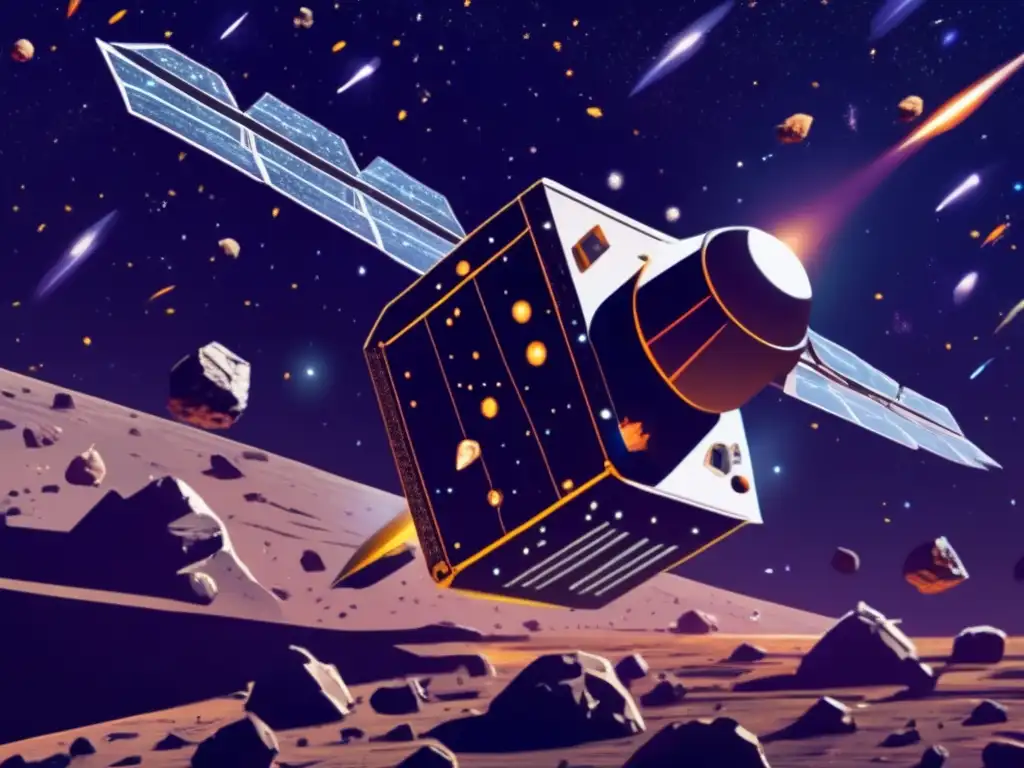 A satellite or spacecraft ventures into the cosmos, enveloped by a field of jagged asteroids