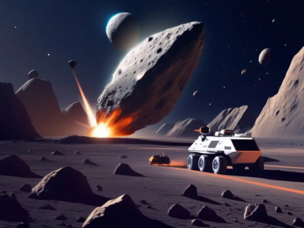 A photorealistic spacecraft maneuvering around a looming, menacing asteroid