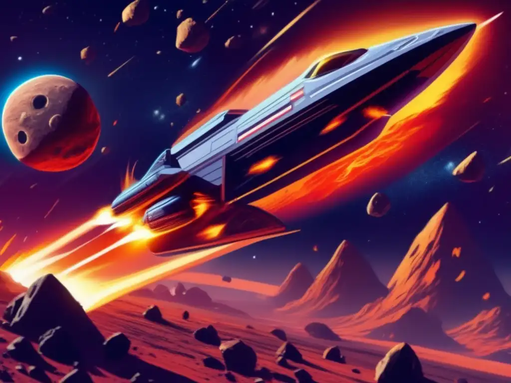 A thrilling image of a spaceship descending into a fiery atmosphere, with asteroids hurtling towards it