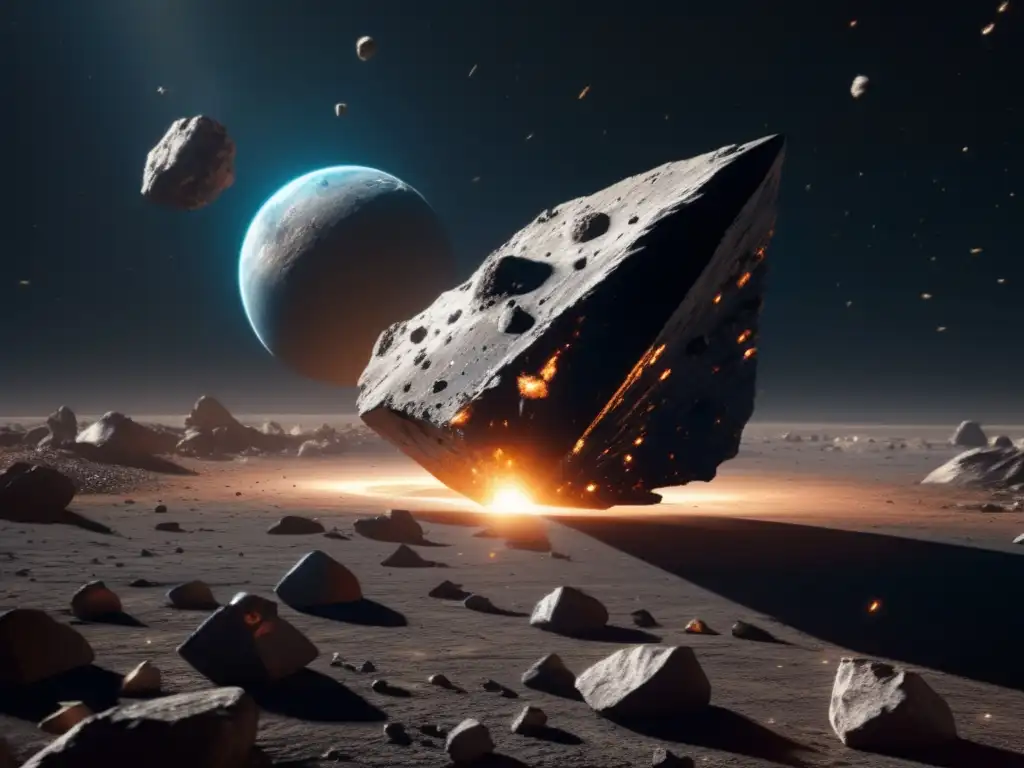 Dash: A stunning depiction of a majestic spacecraft traversing the perilous waters of an asteroid, with its jagged, rocky surface starkly contrasting with the scattered fragments of debris throughout, emphasizing the danger inherent in every space exploration mission