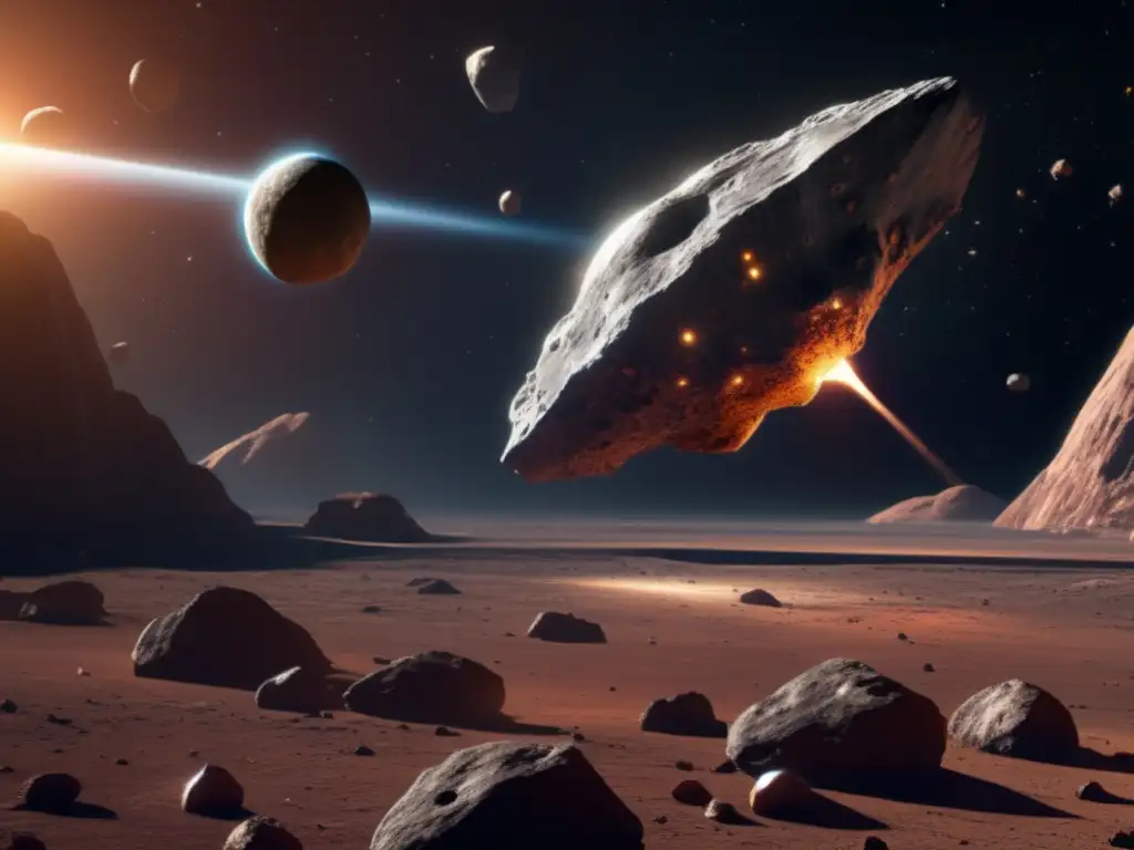 A sleek and modern spacecraft approaching an asteroid in space, reflecting sunlight and showcasing intricate details