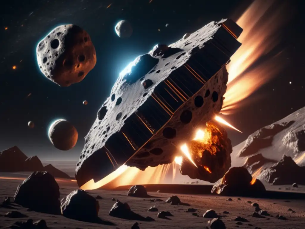 A stunning render of a spacecraft entering and exiting an asteroid, with meticulous details on the ship's exterior and interior surfaces, and the asteroid's surface craters and valleys