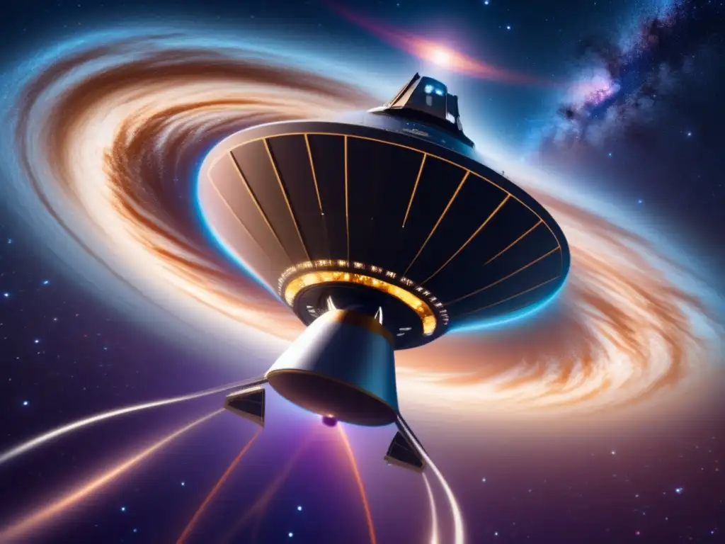 Photorealistic depiction of a spacecraft hovering before a pulsar in the Milky Way galaxy, with pulsar's rotor blades emitting bright light