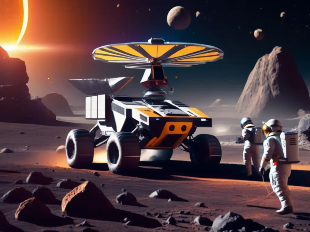 A photorealistic depiction of a sleek spacecraft anchored on a vibrant mining asteroid, with a team of suited explorers meticulously collecting samples and conducting experiments, whilst a hovering helicopter awaits takeoff