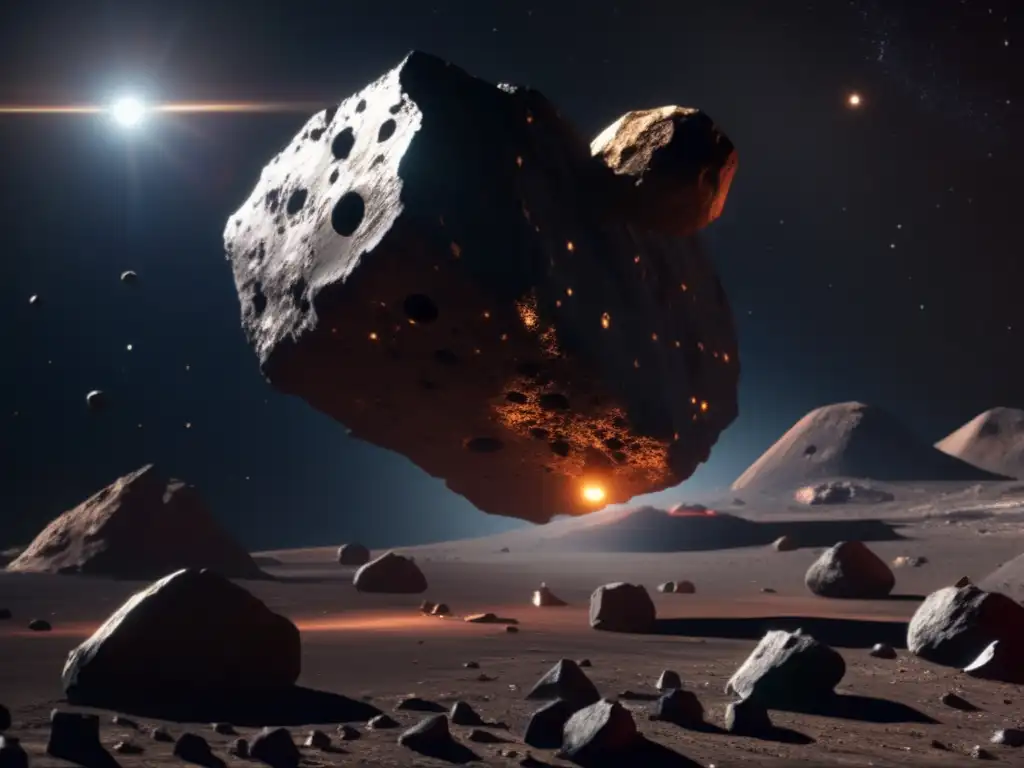 Sleek metal miners mining a rocky, red asteroid in the vast black expanse of deep space