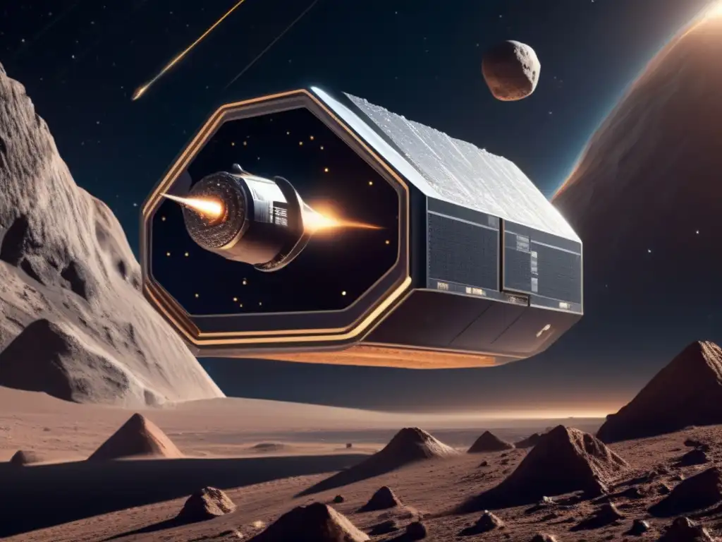 The future is bright as a sleek asteroid mining spacecraft soars through the boundless cosmos, boasting cutting-edge technology and bold ambition