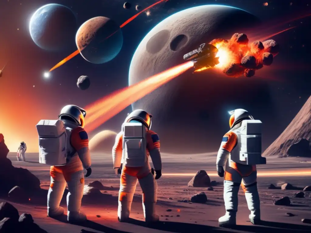 Astronauts in spacesuits build a shield to defend Earth from an incoming asteroid amidst flashes of explosions in the background