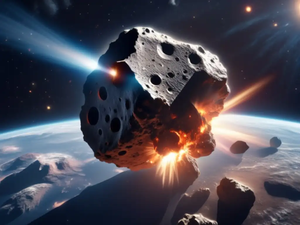 A photorealistic depiction of a massive asteroid hurtling towards Earth, with a targeted energy blast from a satellite in space