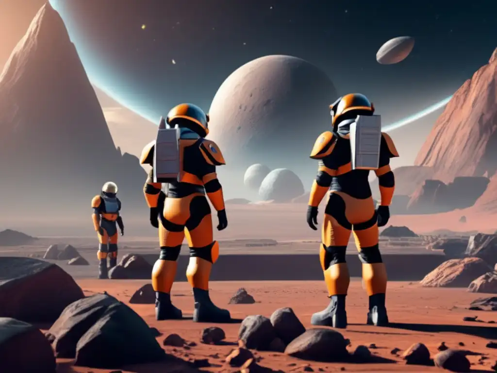 A tense and urgent scene of space guards standing guard on a rocky platform, staring upward at a massive asteroid hurtling towards them