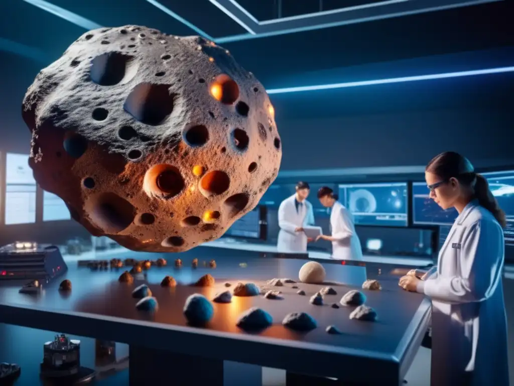 A teams of scientists in a high-tech lab meticulously studying a large asteroid model amidst a sea of space-related equipment and technology