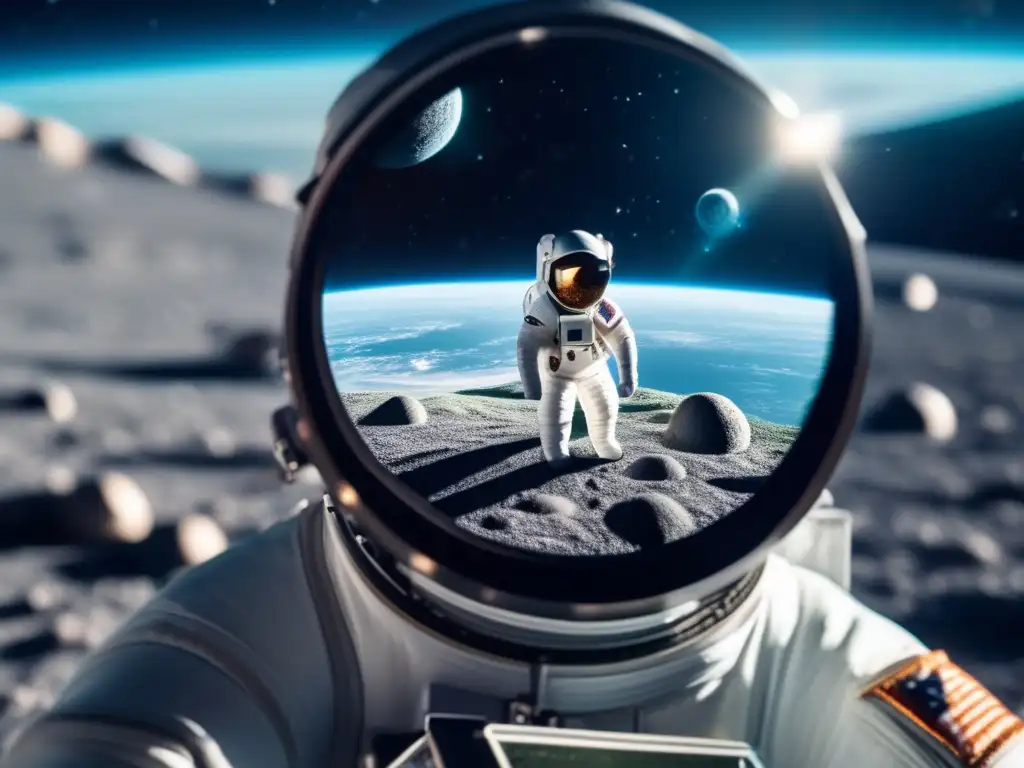 A stunning photorealistic image of an astronaut exploring the microscopic lifeforms on Earth while floating in space, surrounded by stunning views of the pale blue dot and distant asteroids