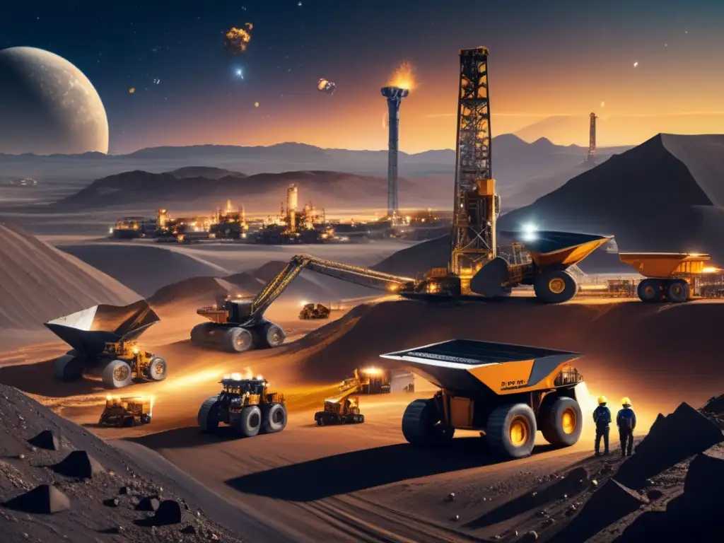 A breathtaking photo of a futuristic mining city pulsating in the cosmos' heart, where mining machines persistently dig into the celestial soil