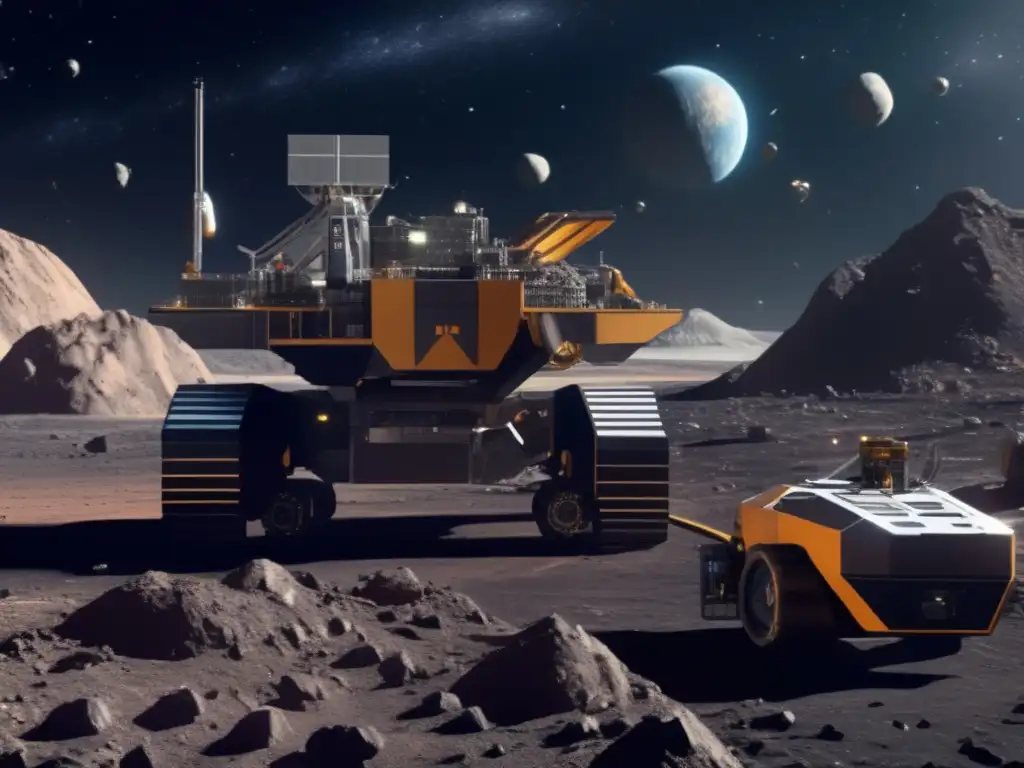 A photorealistic depiction of an asteroid mining operation in space, capturing the intricate details of equipment and machinery used to extract minerals and resources