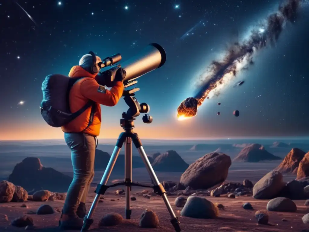 A mesmerizing portrayal of a skilled astronomer meticulously documenting the ethereal beauty of an asteroid Polites, surrounded by an array of celestial wonders including stars, nebulae, and comets, using a high-powered telescope