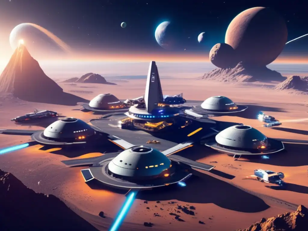 Futuristic spaceport buzzing with activity, asteroid mining vessels at the center of it all