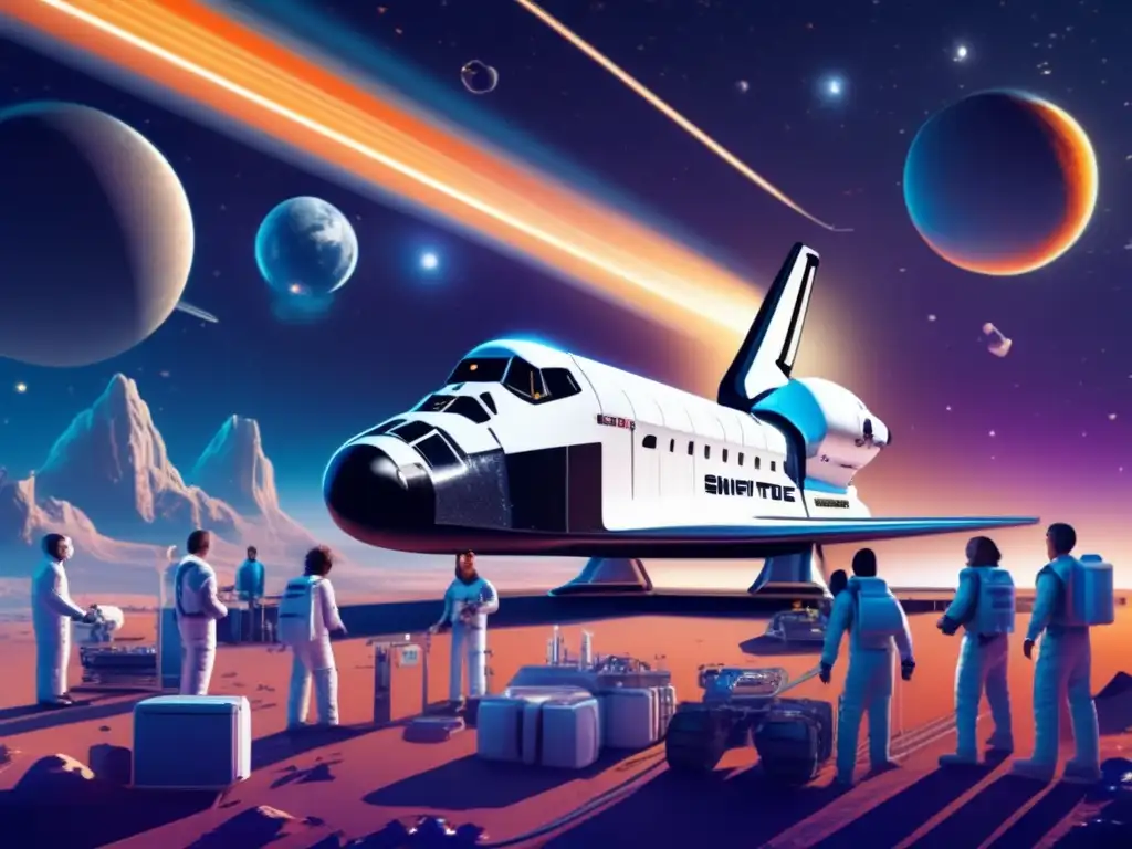 A group of brilliant minds collaboratively working on a futuristic space shuttle, equipped with advanced tools and technology, including a large asteroid mining machine, a geopolymer reactor, and a sustainable living module, in a stunning space environment filled with shimmering stars, neon lights, and intricate space station structures