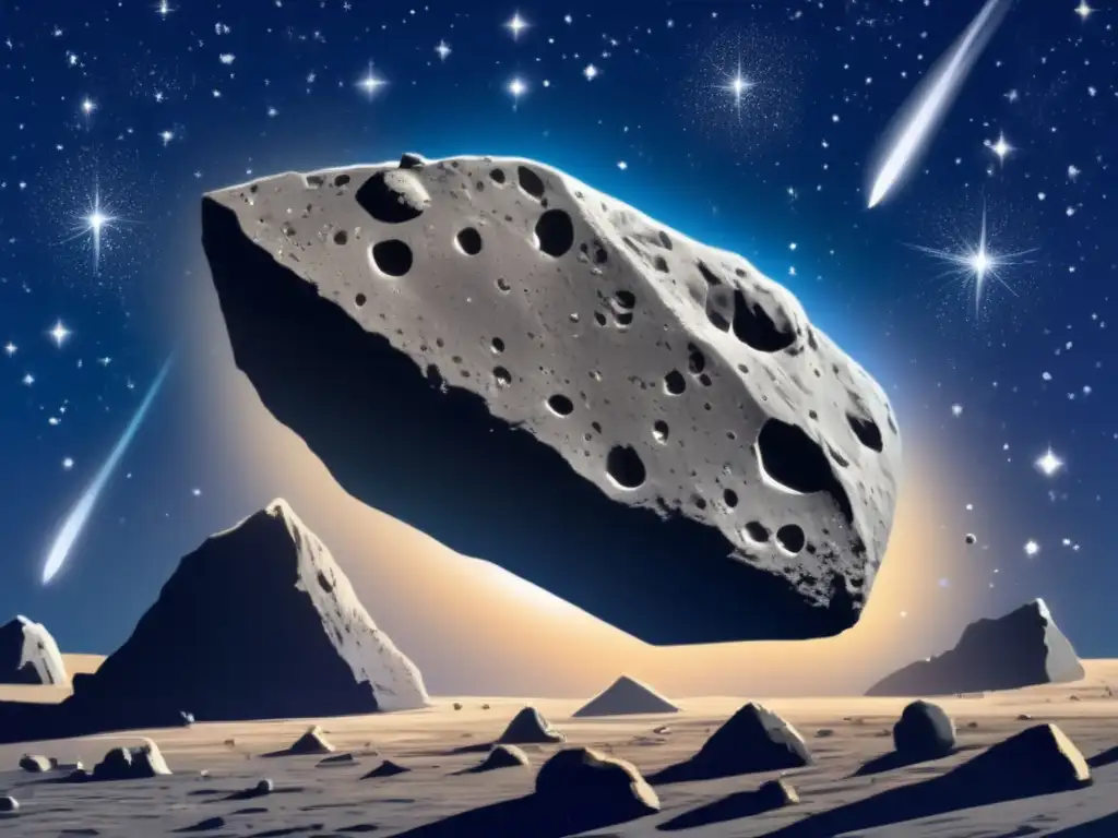 A lone asteroid rock orbits through space, its dark gray surface marred by small craters and fractures, visible against the light blue-gray backdrop
