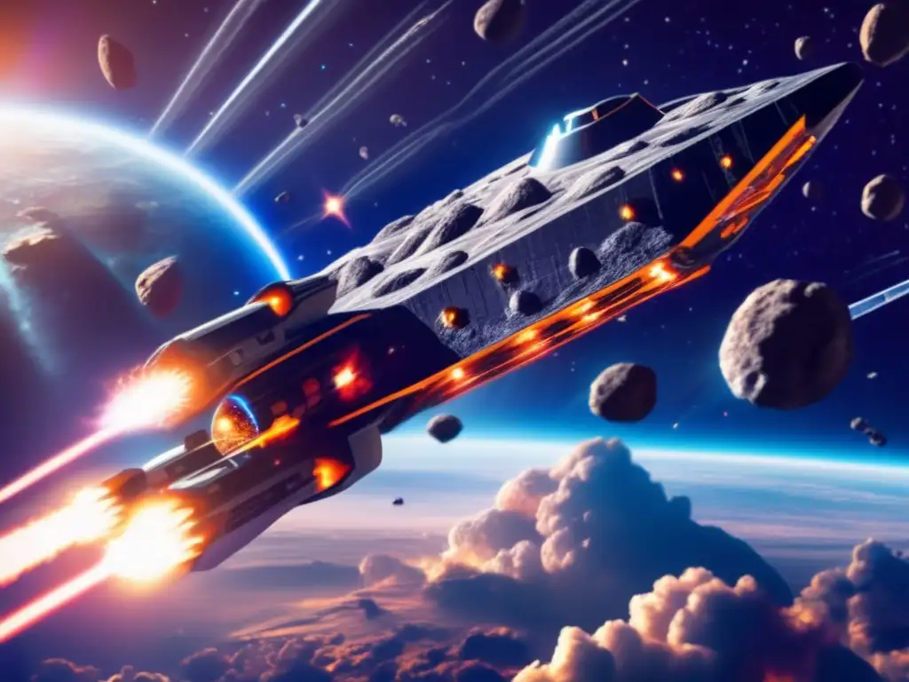 Dash-A stunning image captures a spaceship soaring through space, with asteroids passing by